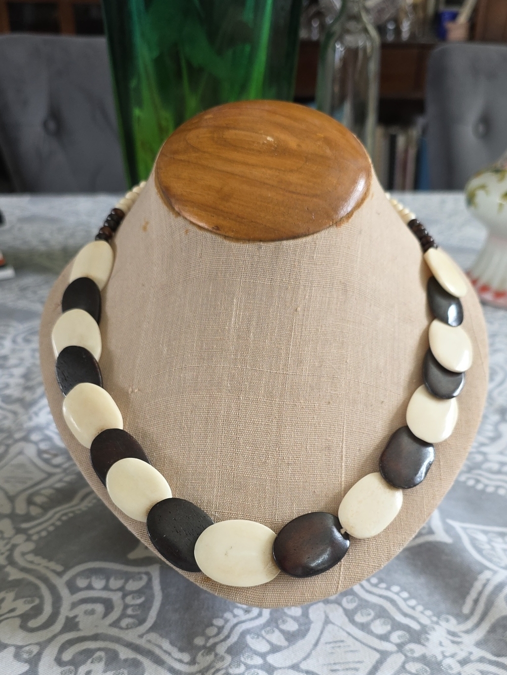 Handcrafted Neutral Bone Two-Tone Oval Bead Necklace - Cream & Dark Brown